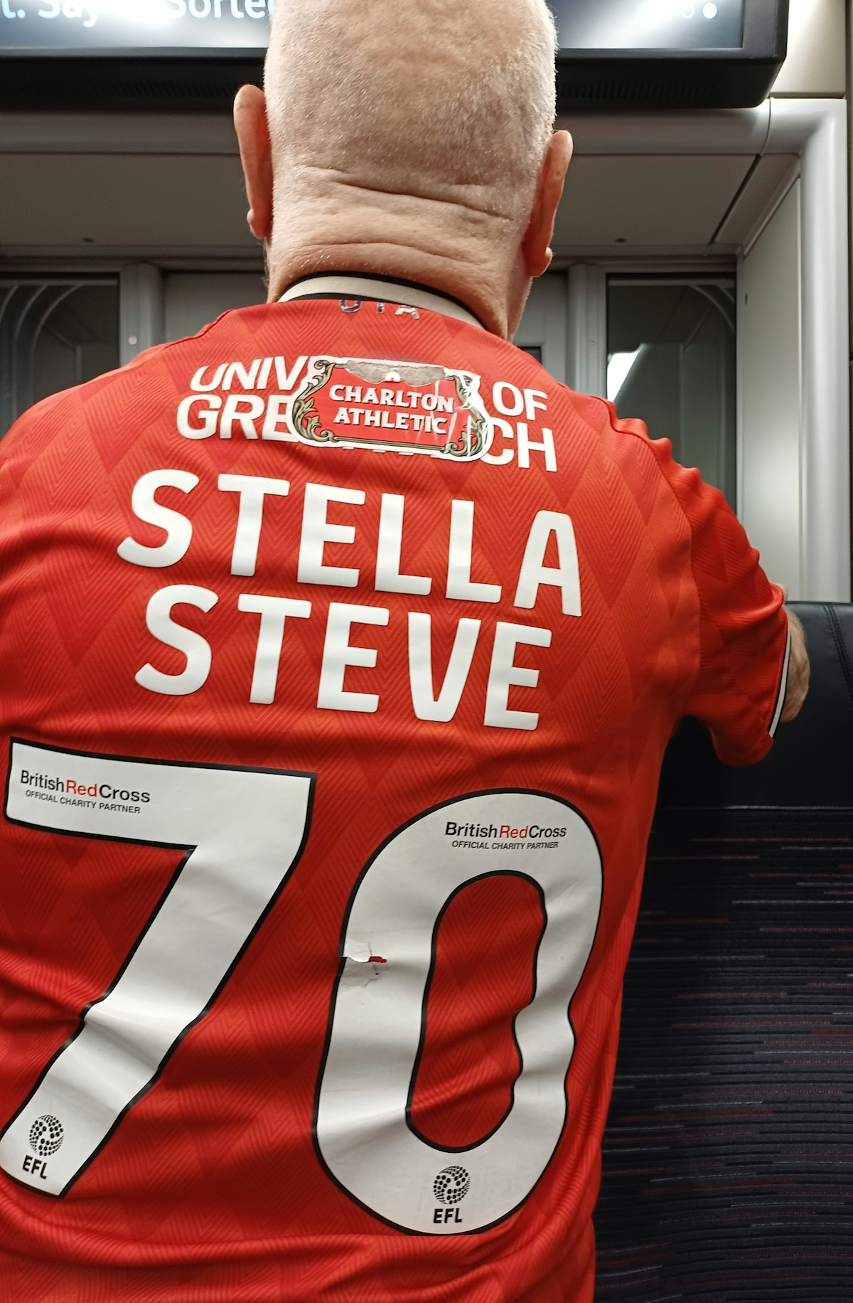 Charlton fan Stella Steve on a train